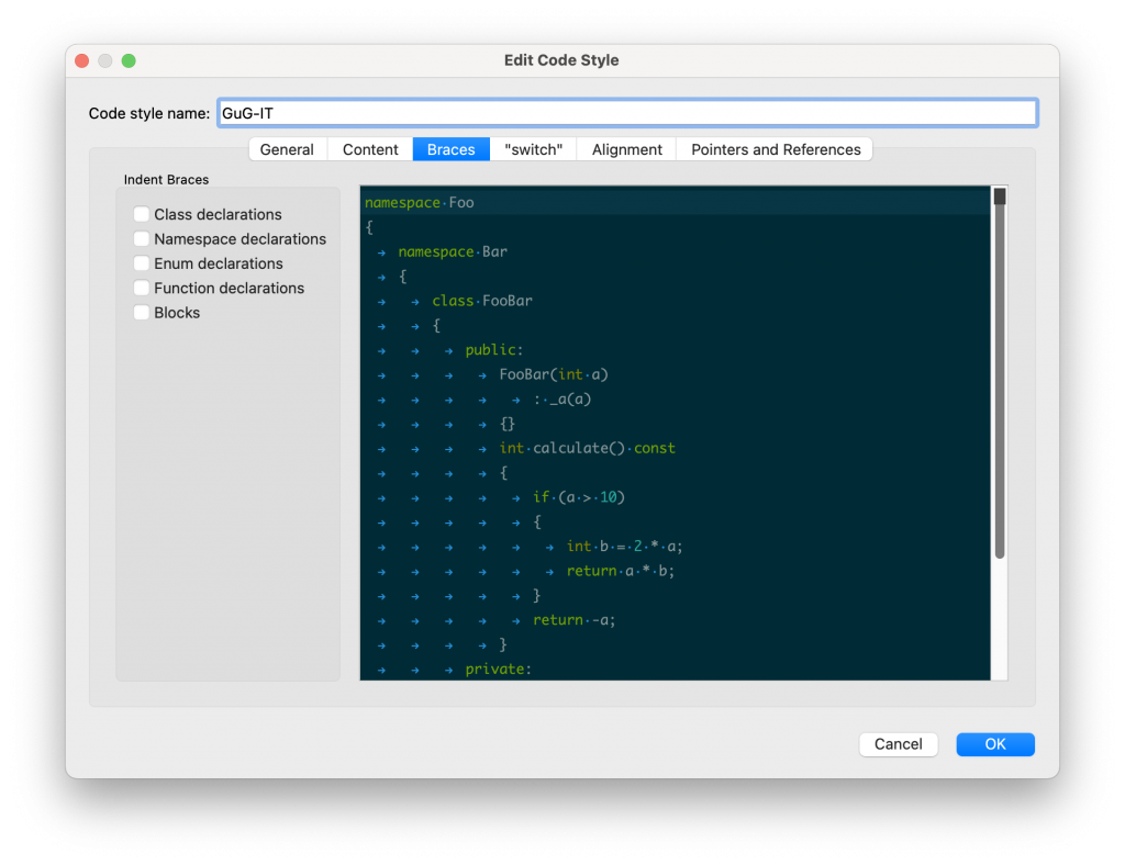 C++ -> Code Style -> Braces