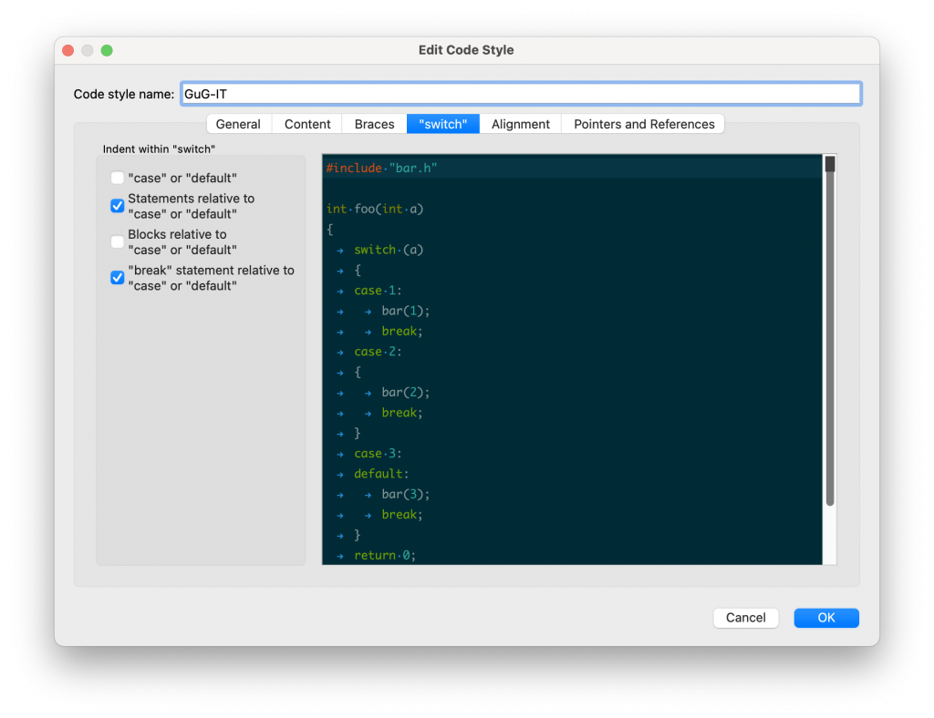C++ -> Code Style -> Switch