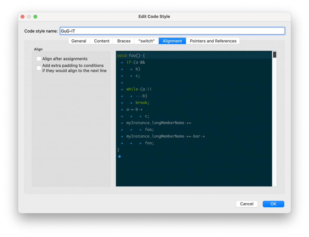 C++ -> Code Style -> Alignment