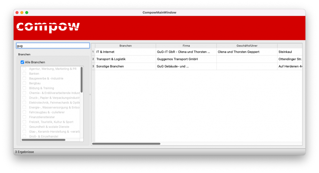 compow-Desktopanwendung mit funktionierender Suche